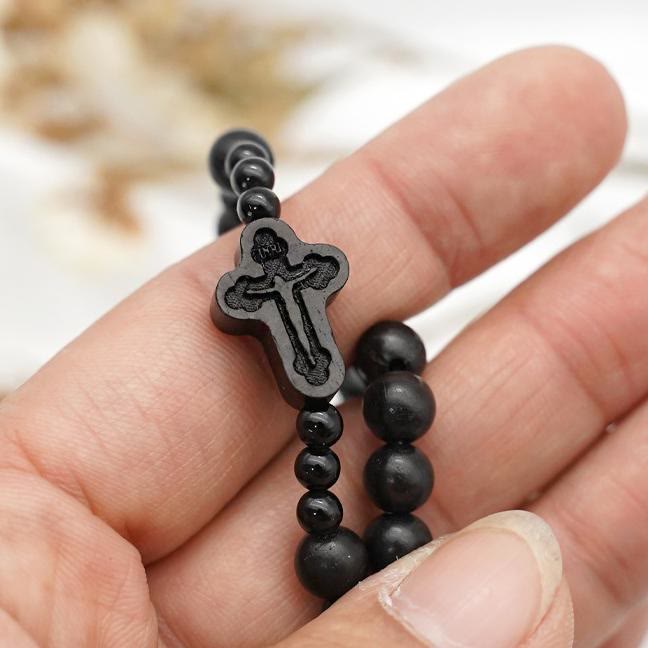 Crucifix of 6*8 mm Round Black Sandalwood Nylon Cord Rosary