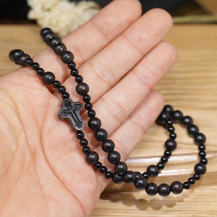 Crucifix of 6*8 mm Round Black Sandalwood Nylon Cord Rosary