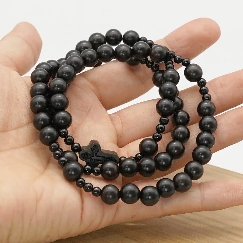 Crucifix of 6*8 mm Round Black Sandalwood Nylon Cord Rosary