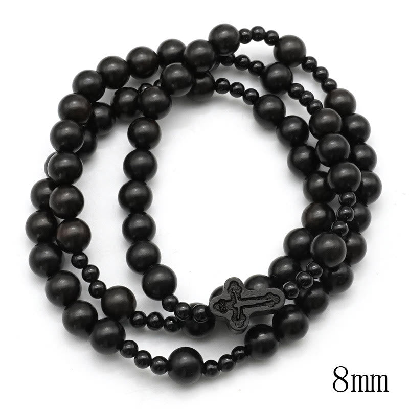 Crucifix of 6*8 mm Round Black Sandalwood Nylon Cord Rosary