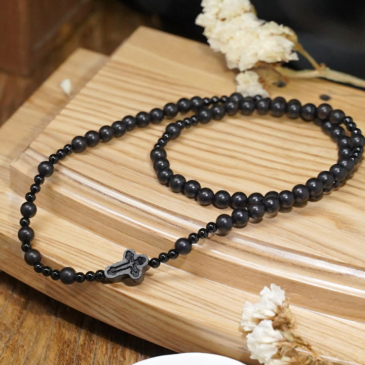 Crucifix of 6*8 mm Round Black Sandalwood Nylon Cord Rosary