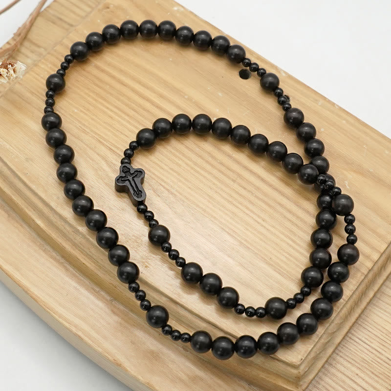 Crucifix of 6*8 mm Round Black Sandalwood Nylon Cord Rosary