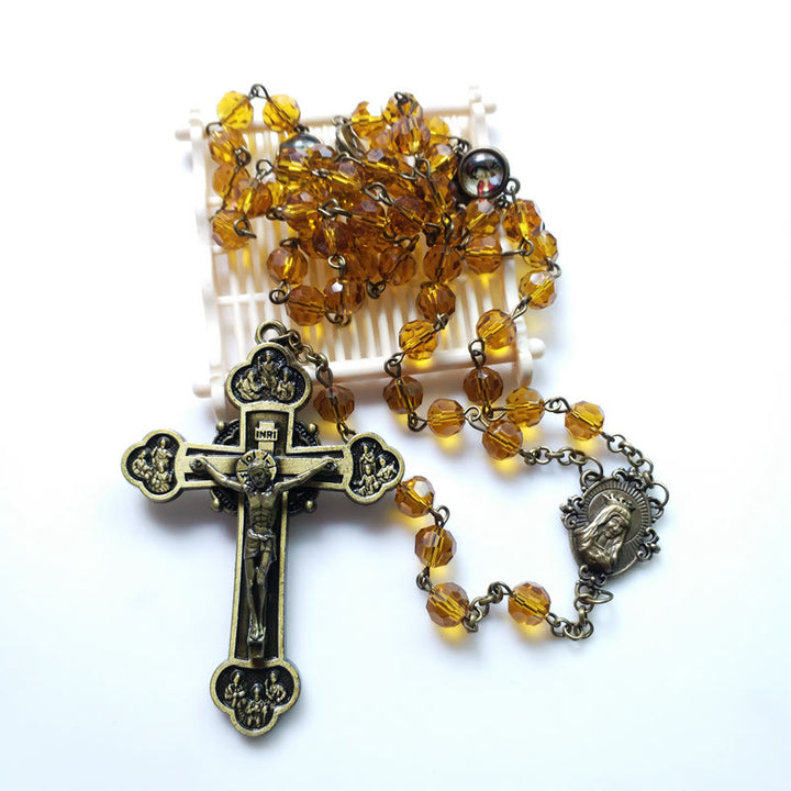 Virgin Mary & Crucifix of 8 mm Polyhedron Yellow Glass Alloy Chain Rosary - image 5
