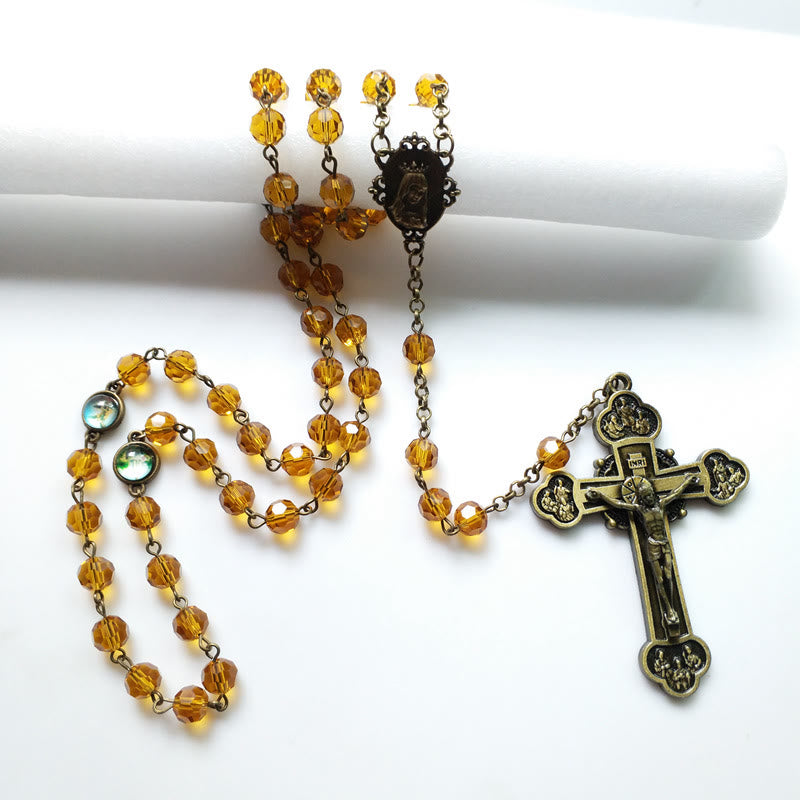 Virgin Mary & Crucifix of 8 mm Polyhedron Yellow Glass Alloy Chain Rosary - image 4