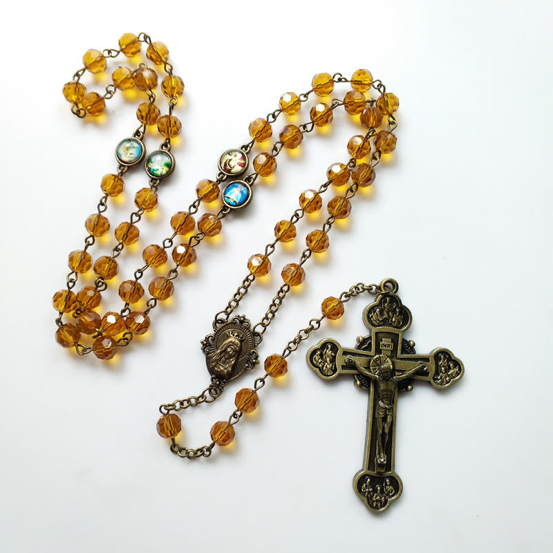 Virgin Mary & Crucifix of 8 mm Polyhedron Yellow Glass Alloy Chain Rosary - image 2