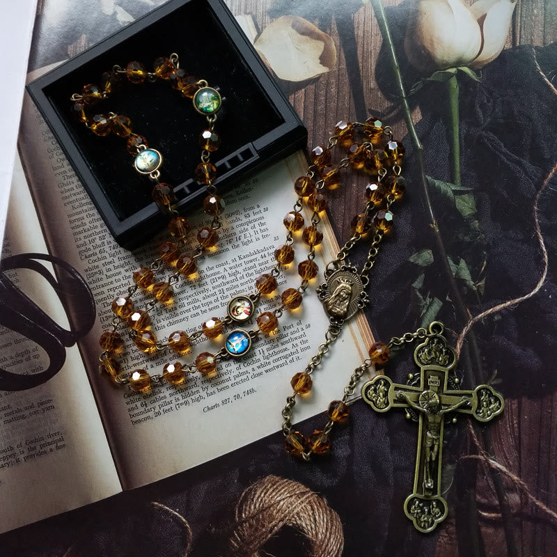 Virgin Mary & Crucifix of 8 mm Polyhedron Yellow Glass Alloy Chain Rosary - image 1