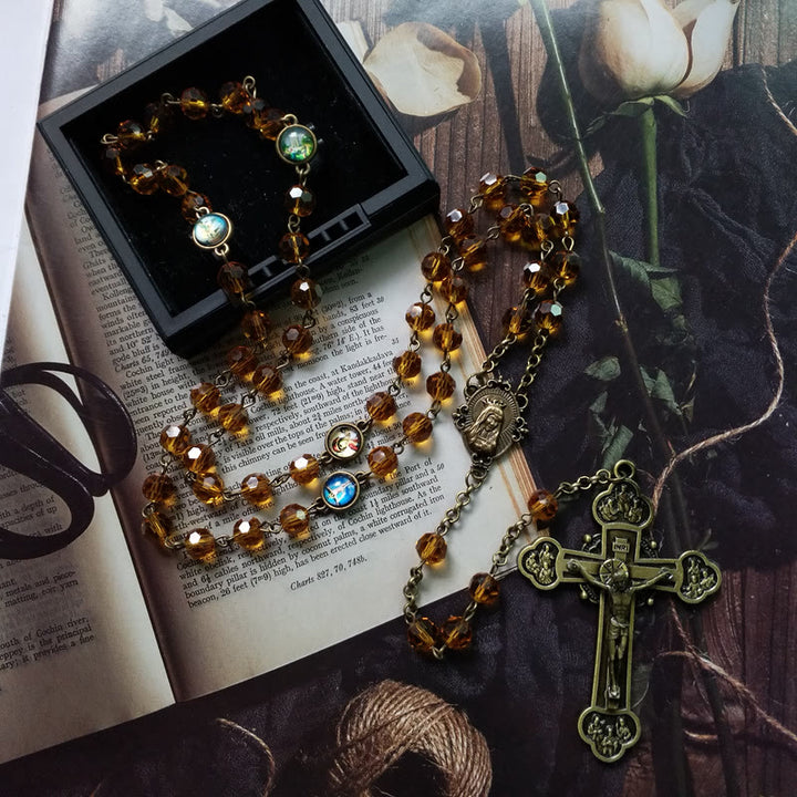 Virgin Mary & Crucifix of 8 mm Polyhedron Yellow Glass Alloy Chain Rosary - image 1