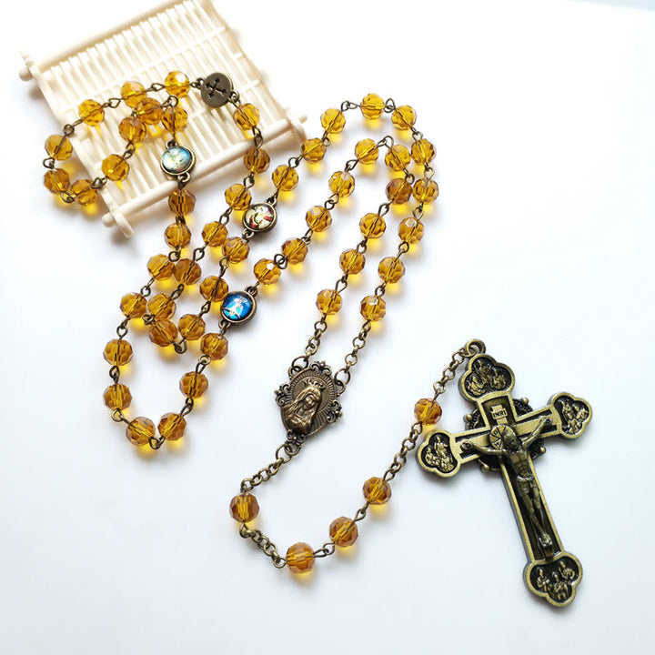 Virgin Mary & Crucifix of 8 mm Polyhedron Yellow Glass Alloy Chain Rosary - image 3