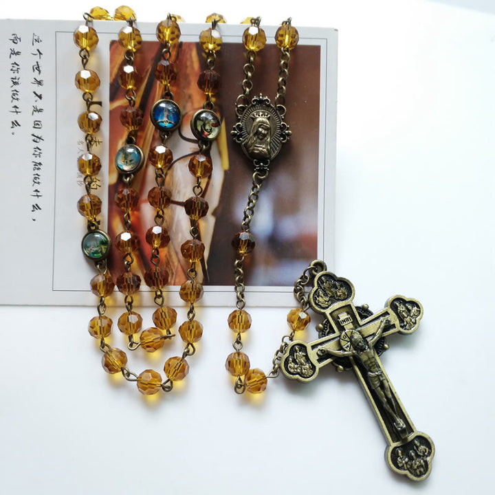 Virgin Mary & Crucifix of 8 mm Polyhedron Yellow Glass Alloy Chain Rosary - image 6