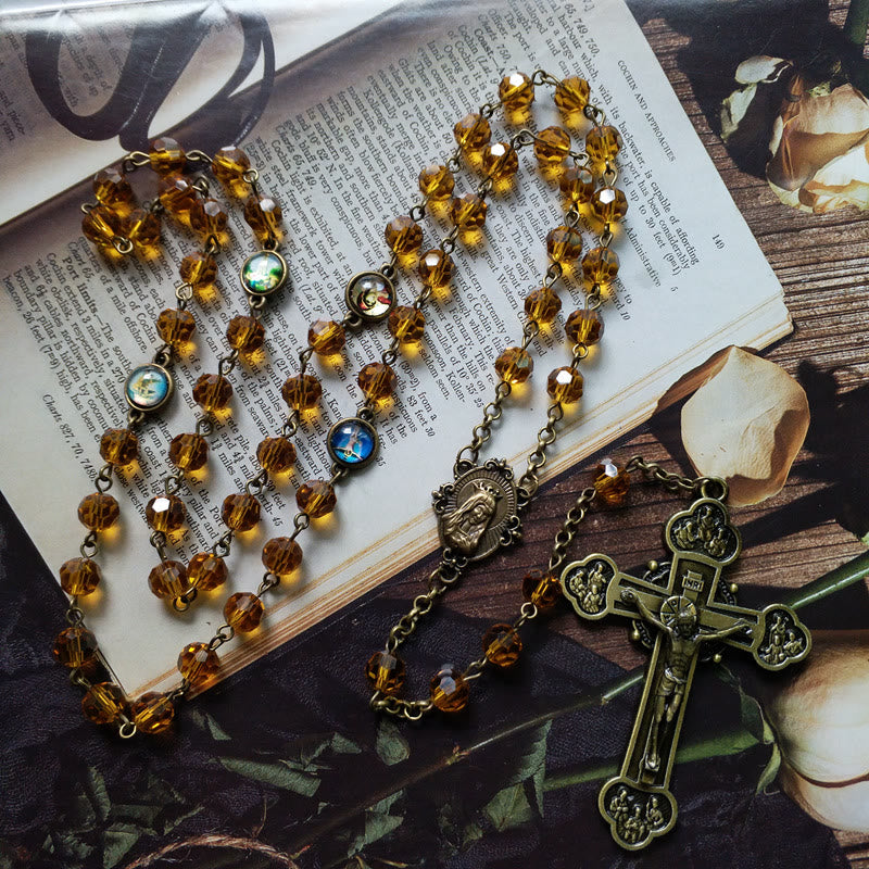 Virgin Mary & Crucifix of 8 mm Polyhedron Yellow Glass Alloy Chain Rosary - Virgin Mary & Crucifix - image 0