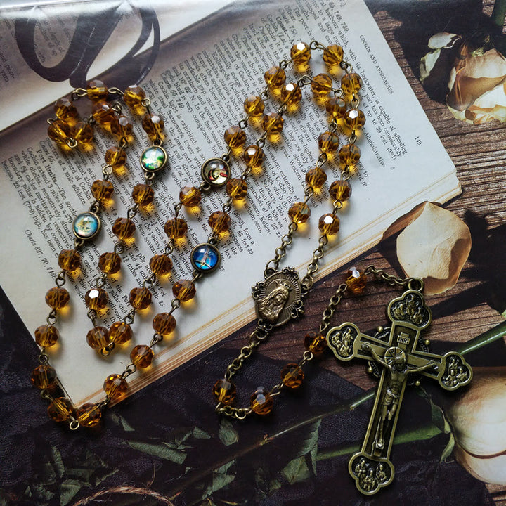 Virgin Mary & Crucifix of 8 mm Polyhedron Yellow Glass Alloy Chain Rosary - Virgin Mary & Crucifix - image 0