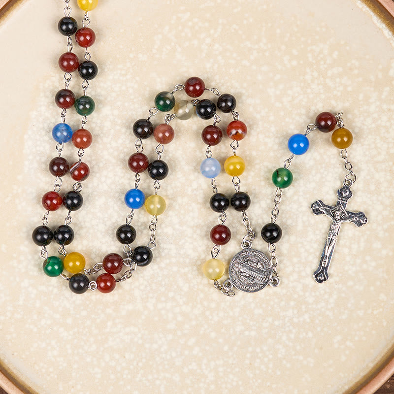 St. Benedict Medal & Crucifix of 6/8mm Round Multicolor Agate Alloy Chain Rosary