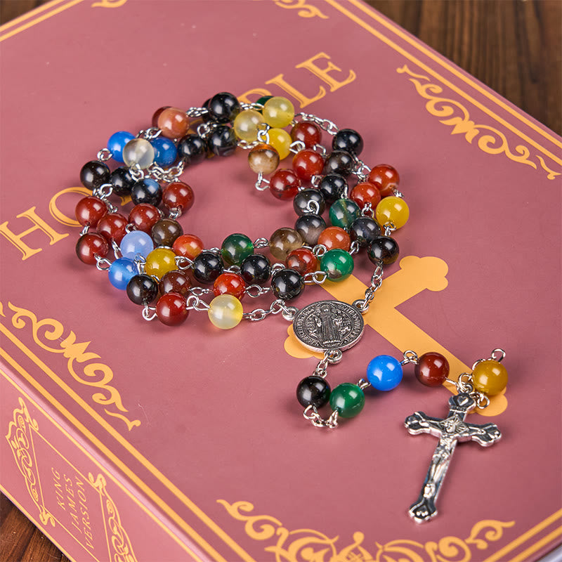 St. Benedict Medal & Crucifix of 6/8mm Round Multicolor Agate Alloy Chain Rosary
