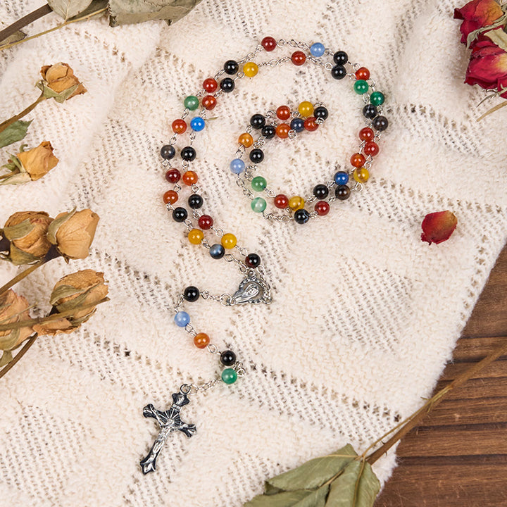 St. Benedict Medal & Crucifix of 6/8mm Round Multicolor Agate Alloy Chain Rosary
