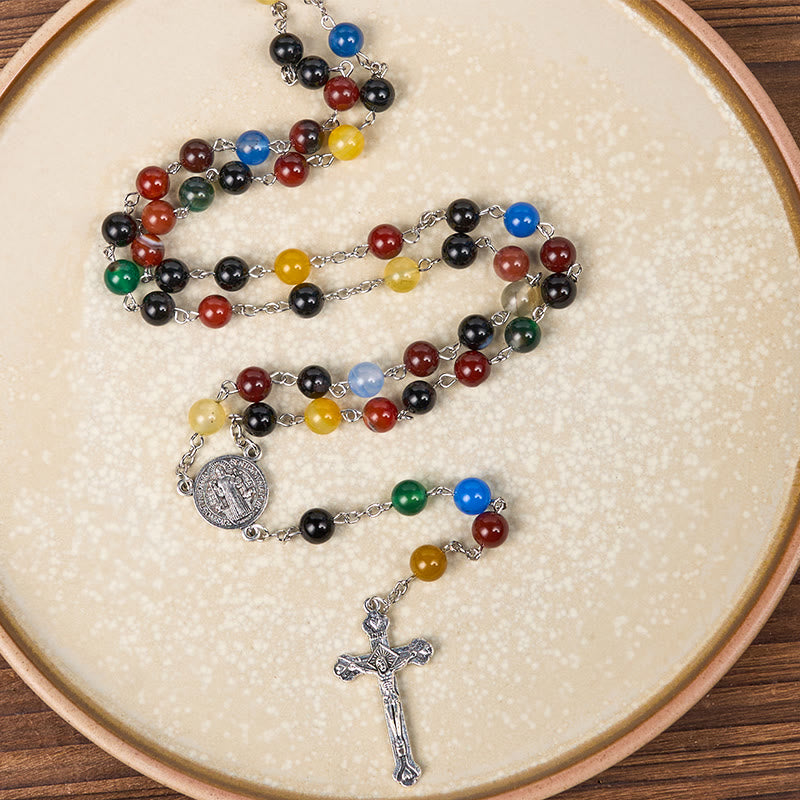 St. Benedict Medal & Crucifix of 6/8mm Round Multicolor Agate Alloy Chain Rosary