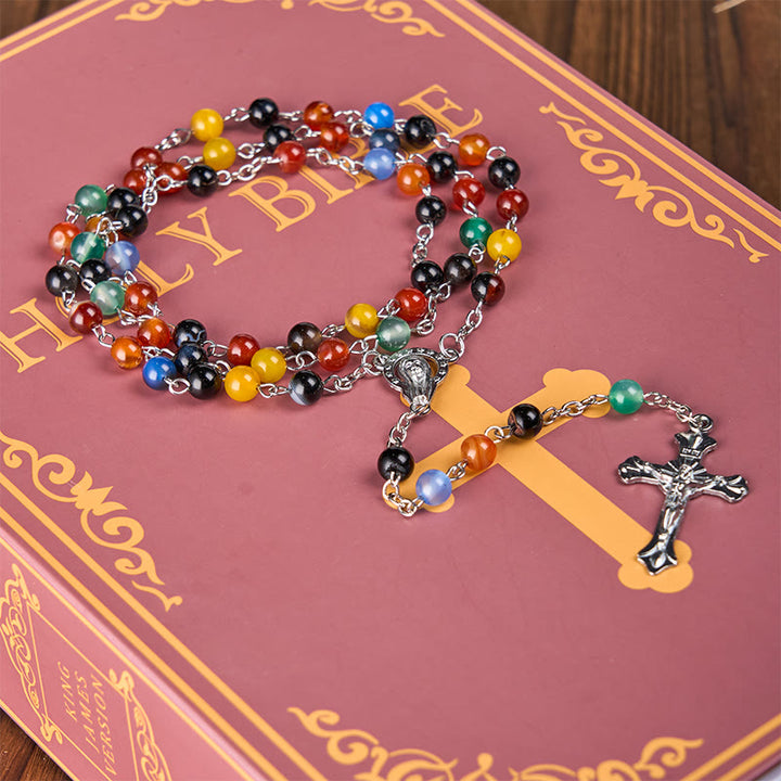 St. Benedict Medal & Crucifix of 6/8mm Round Multicolor Agate Alloy Chain Rosary