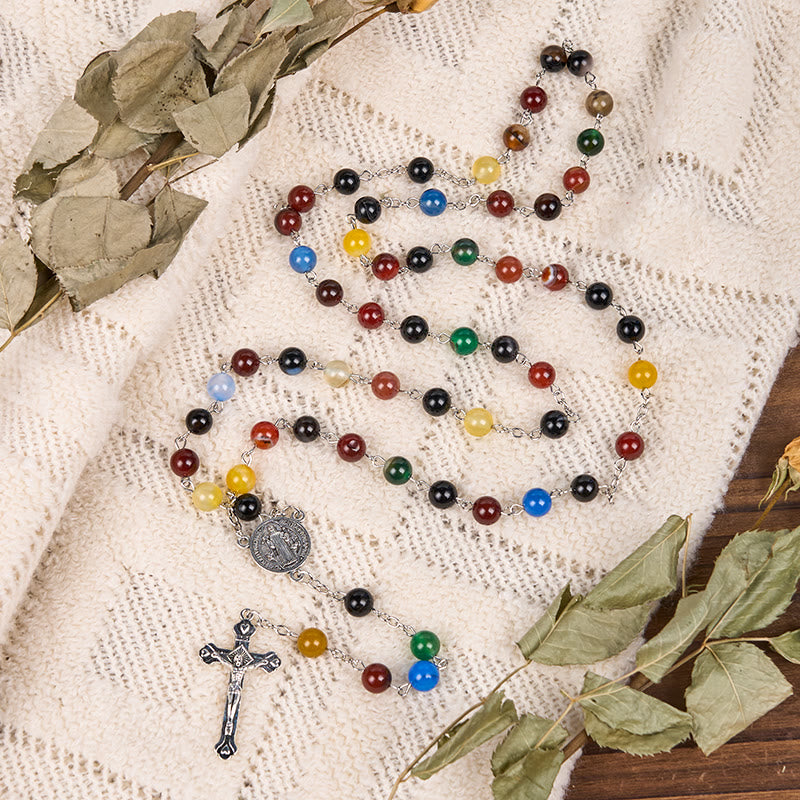 St. Benedict Medal & Crucifix of 6/8mm Round Multicolor Agate Alloy Chain Rosary