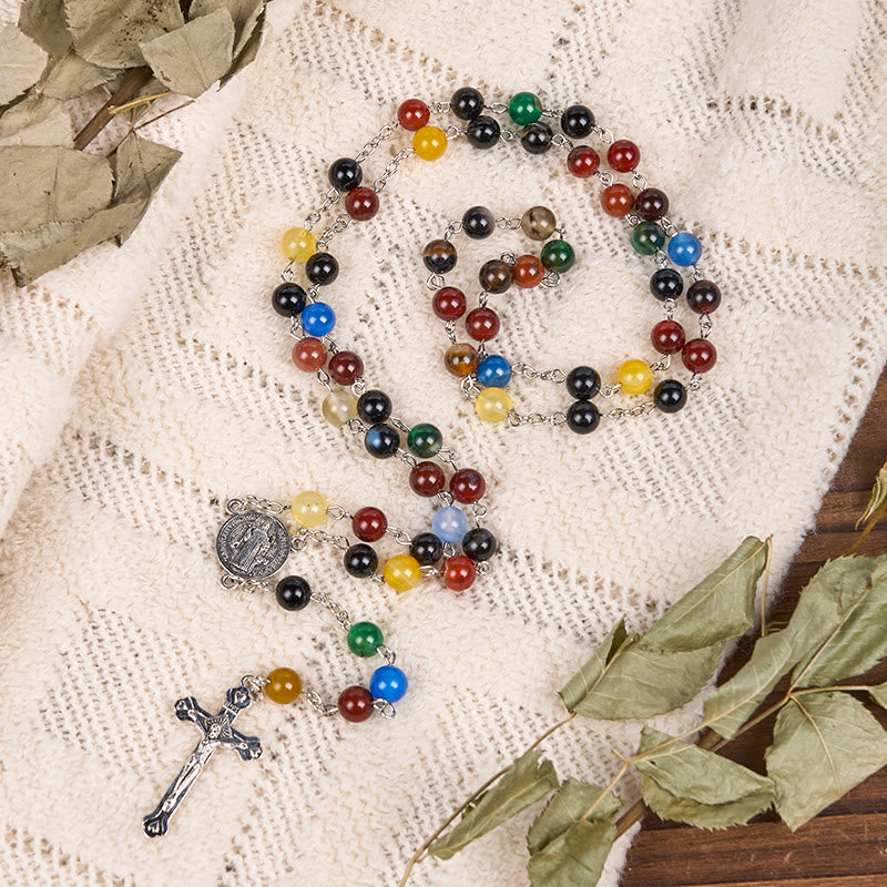 St. Benedict Medal & Crucifix of 6/8mm Round Multicolor Agate Alloy Chain Rosary