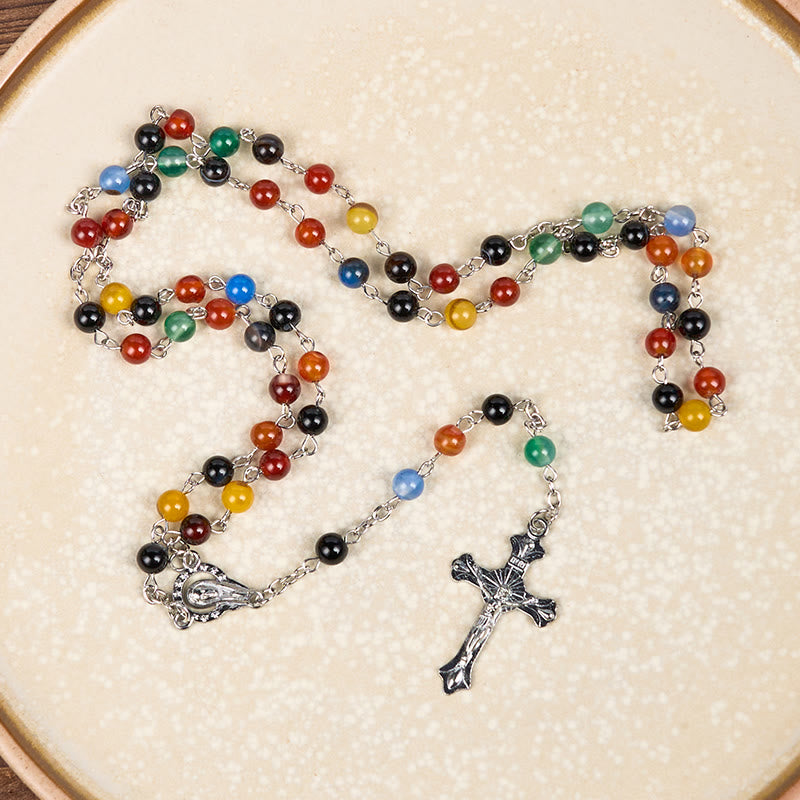 St. Benedict Medal & Crucifix of 6/8mm Round Multicolor Agate Alloy Chain Rosary