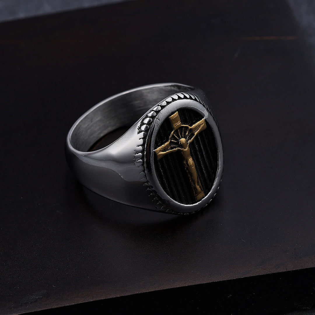 Christianartworkshop Retro Style Simple Crucifix Protection & Strength Titanium Ring - image 2
