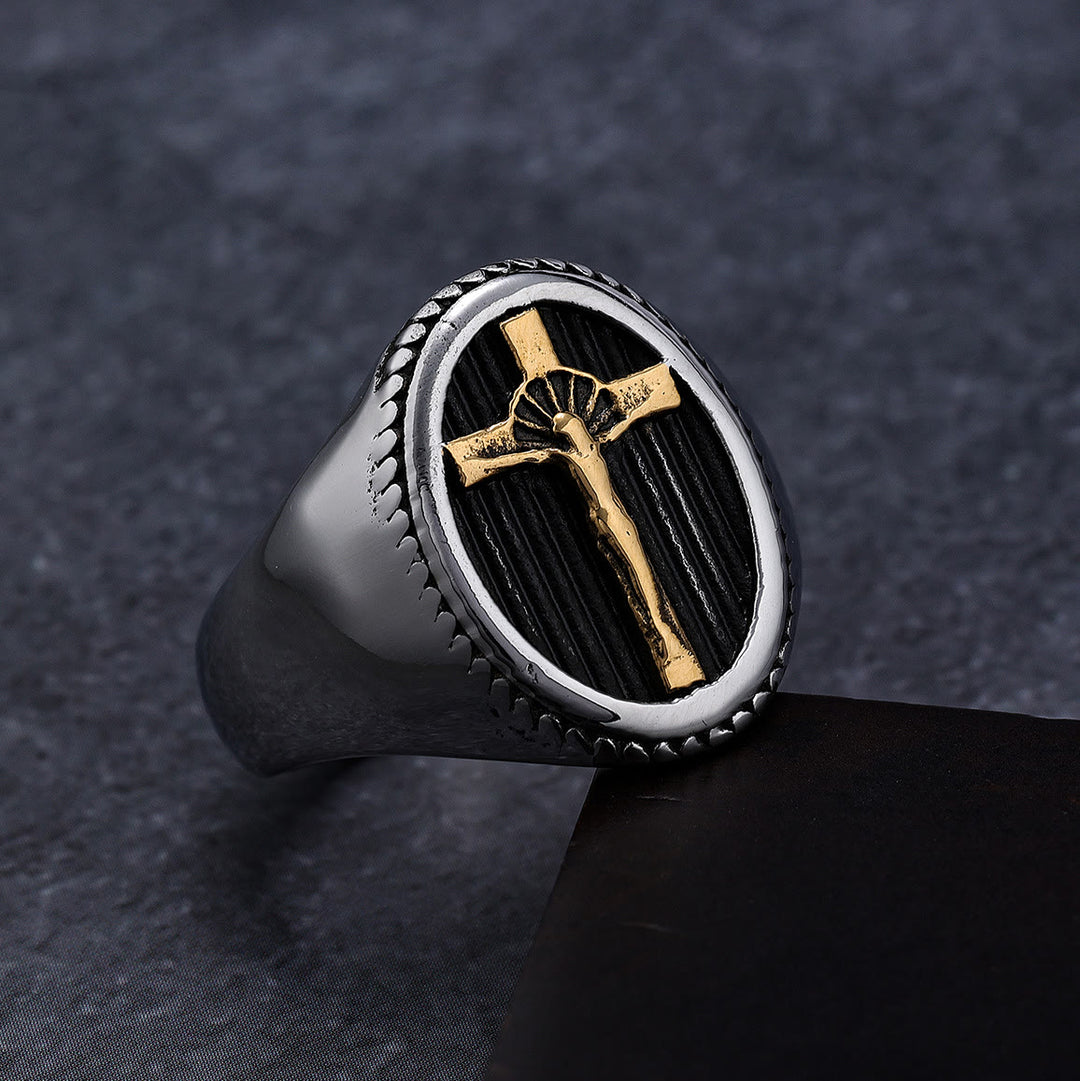 Christianartworkshop Retro Style Simple Crucifix Protection & Strength Titanium Ring - image 0