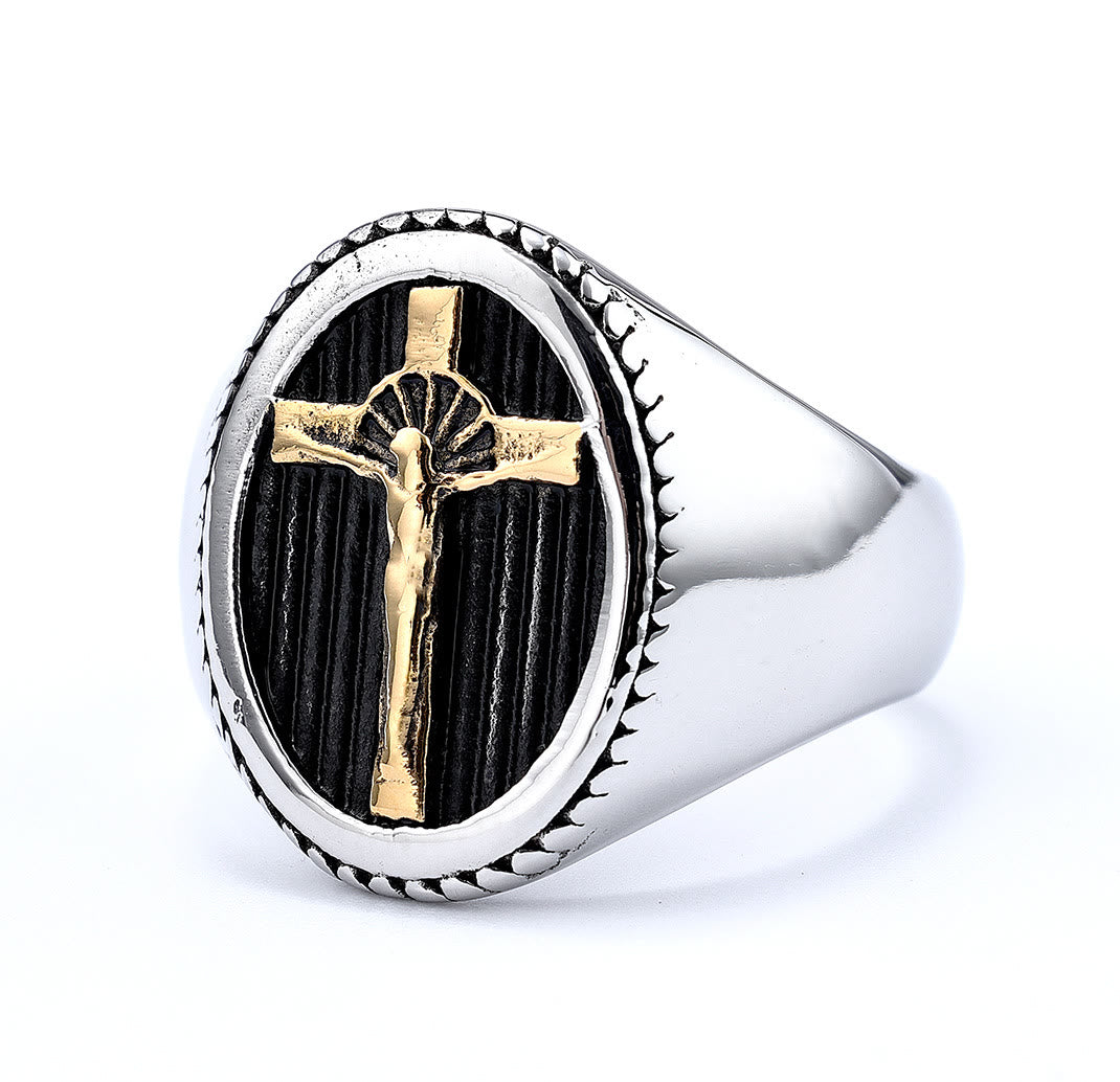 Christianartworkshop Retro Style Simple Crucifix Protection & Strength Titanium Ring - image 4