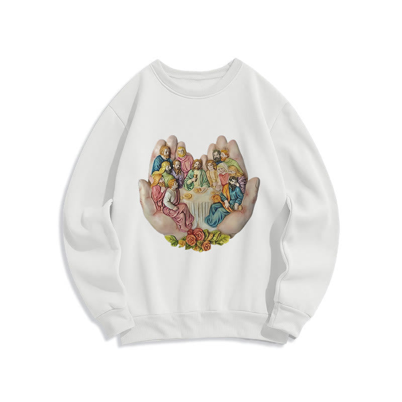 Modern Colored Style Last Supper in God's Hands Fleece Lined Polyester Sweatshirt - White - 2XL - image 0