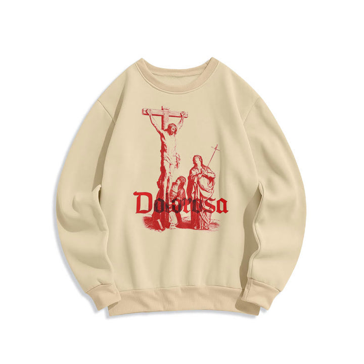 Classic Style Dolorosa Crucifix Jesus Sacred Faith Fleece Lined Polyester Sweatshirt - Beige - 2XL - image 0