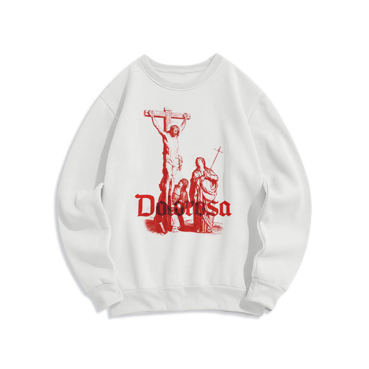 Classic Style Dolorosa Crucifix Jesus Sacred Faith Fleece Lined Polyester Sweatshirt - White - 2XL - image 8