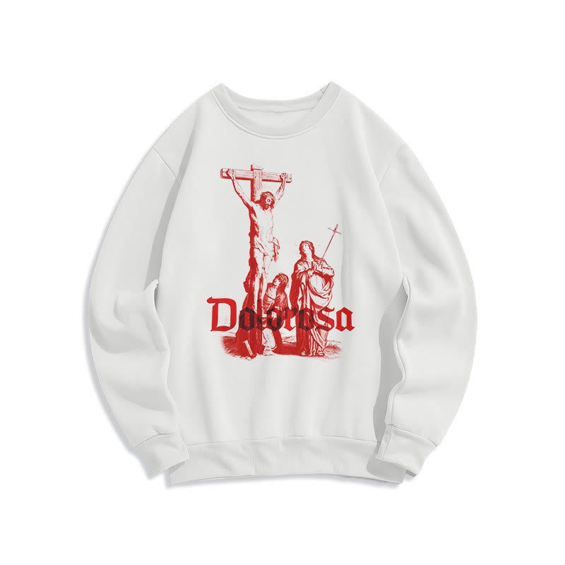 Classic Style Dolorosa Crucifix Jesus Sacred Faith Fleece Lined Polyester Sweatshirt - White - 2XL - image 8