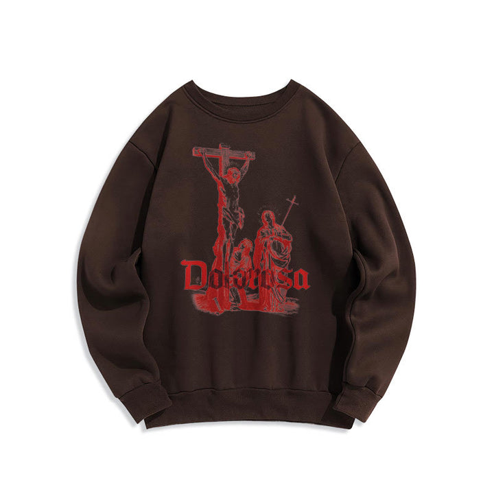 Classic Style Dolorosa Crucifix Jesus Sacred Faith Fleece Lined Polyester Sweatshirt - Brown - 2XL - image 10