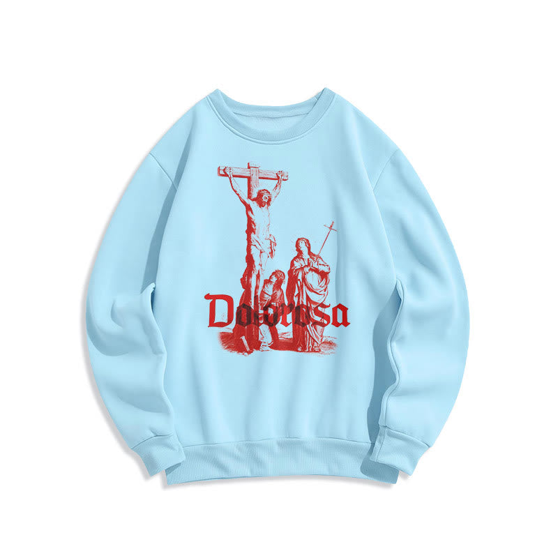 Classic Style Dolorosa Crucifix Jesus Sacred Faith Fleece Lined Polyester Sweatshirt - Blue - 2XL - image 14