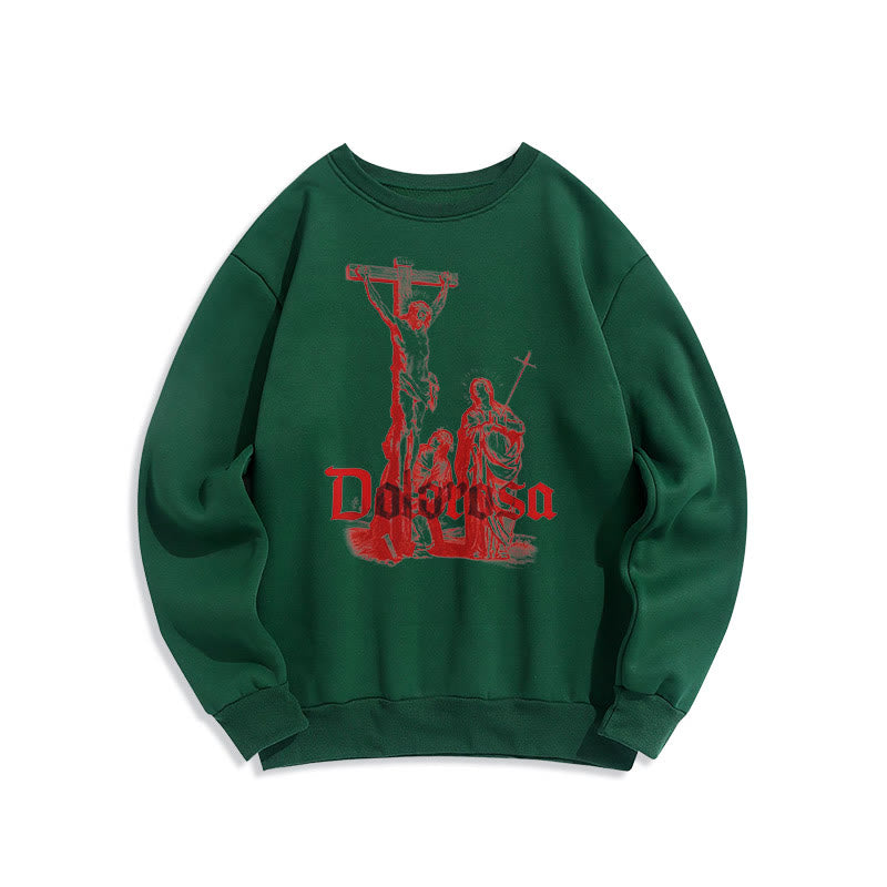 Classic Style Dolorosa Crucifix Jesus Sacred Faith Fleece Lined Polyester Sweatshirt - Green - 2XL - image 12