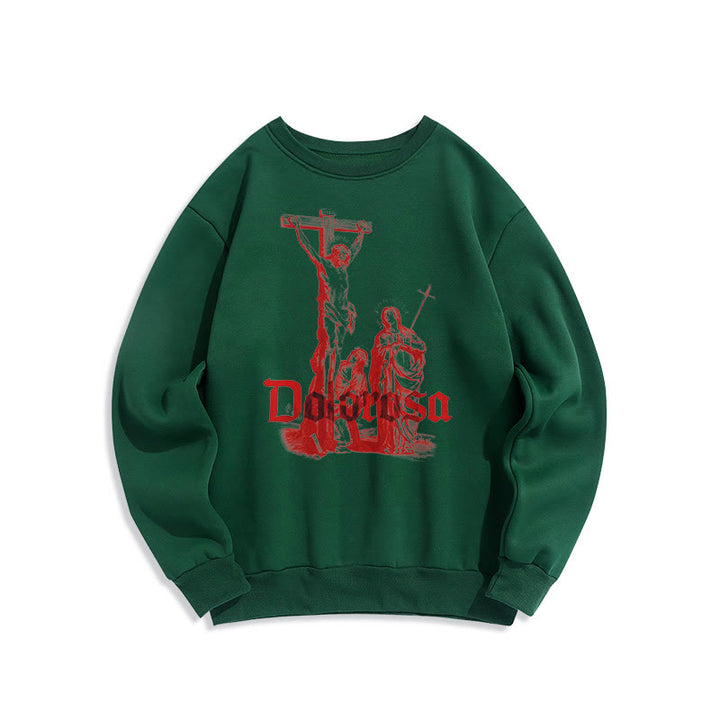 Classic Style Dolorosa Crucifix Jesus Sacred Faith Fleece Lined Polyester Sweatshirt - Green - 2XL - image 12