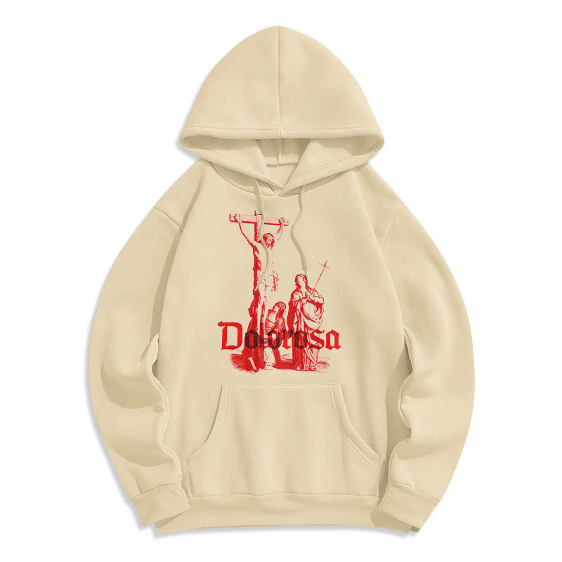 Classic Style Dolorosa Crucifix Jesus Sacred Faith Fleece Lined Polyester Hoodie - Beige - 2XL - image 0