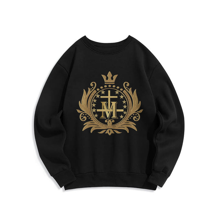 Classic Style Crowned Cross Virgin Mary Fleece Lined Polyester Sweatshirt
