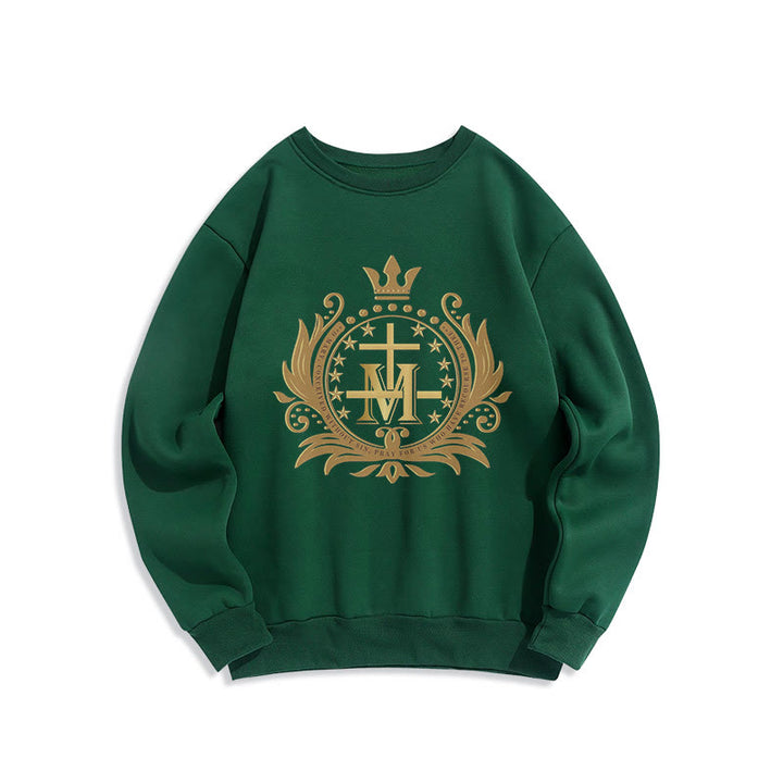 Classic Style Crowned Cross Virgin Mary Fleece Lined Polyester Sweatshirt - Green - 2XL - image 0