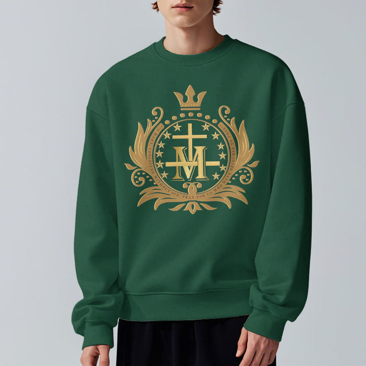 Classic Style Crowned Cross Virgin Mary Fleece Lined Polyester Sweatshirt