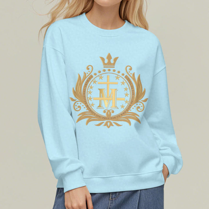 Classic Style Crowned Cross Virgin Mary Fleece Lined Polyester Sweatshirt