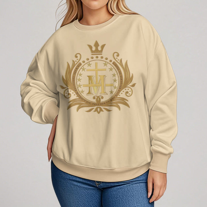 Classic Style Crowned Cross Virgin Mary Fleece Lined Polyester Sweatshirt