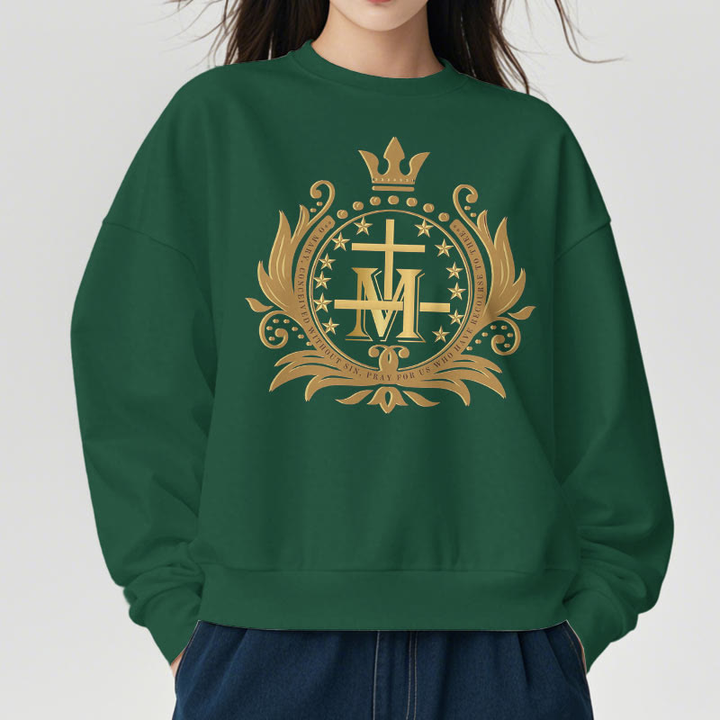 Classic Style Crowned Cross Virgin Mary Fleece Lined Polyester Sweatshirt