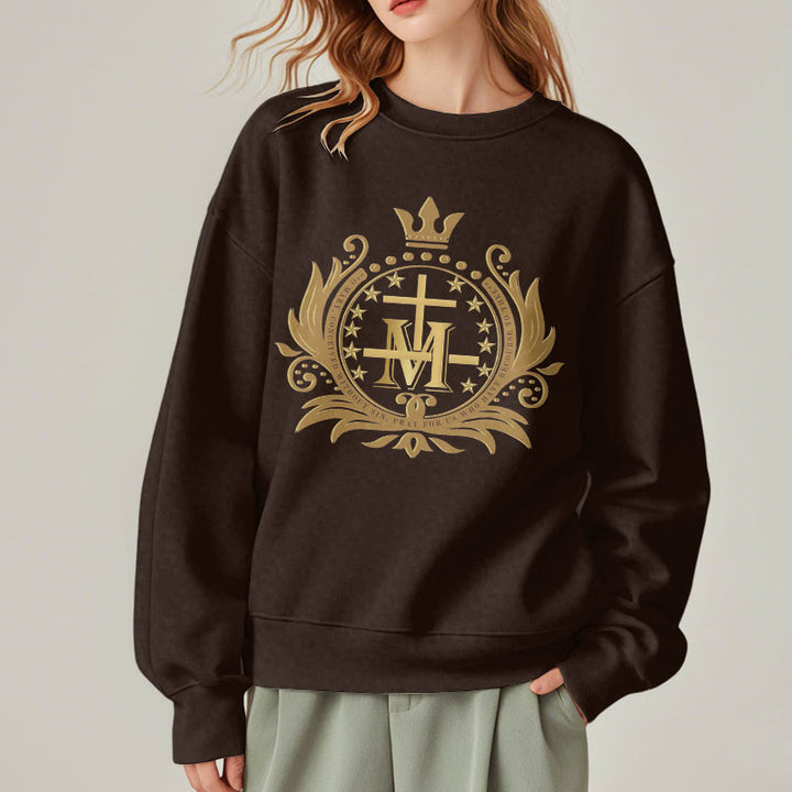 Classic Style Crowned Cross Virgin Mary Fleece Lined Polyester Sweatshirt