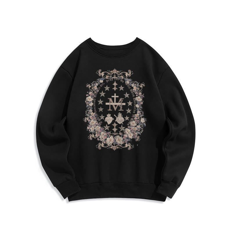 Modern Style Floral Cross Virgin Mary Fleece Lined Polyester Sweatshirt