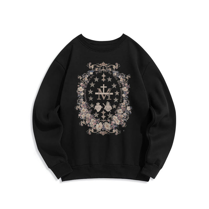 Modern Style Floral Cross Virgin Mary Fleece Lined Polyester Sweatshirt