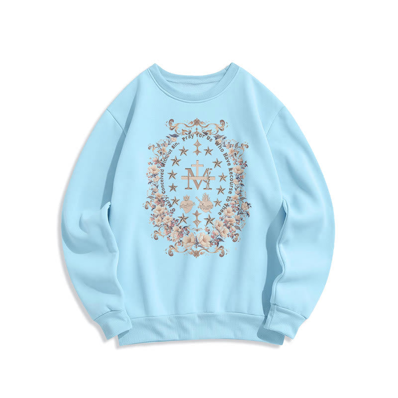 Modern Style Floral Cross Virgin Mary Fleece Lined Polyester Sweatshirt