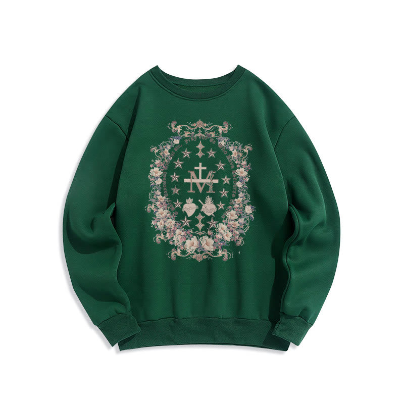 Modern Style Floral Cross Virgin Mary Fleece Lined Polyester Sweatshirt