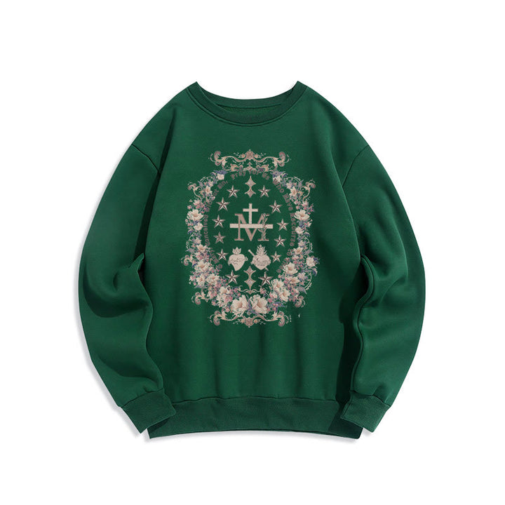 Modern Style Floral Cross Virgin Mary Fleece Lined Polyester Sweatshirt