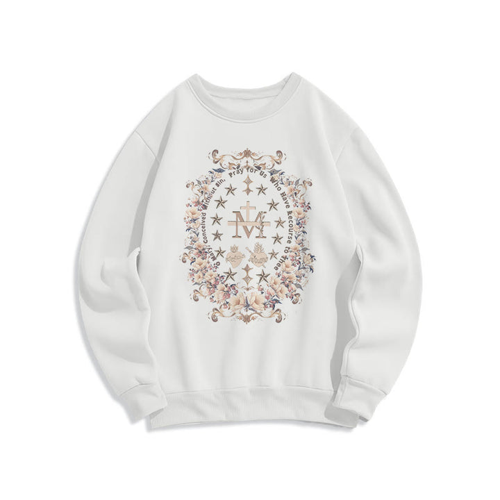 Modern Style Floral Cross Virgin Mary Fleece Lined Polyester Sweatshirt