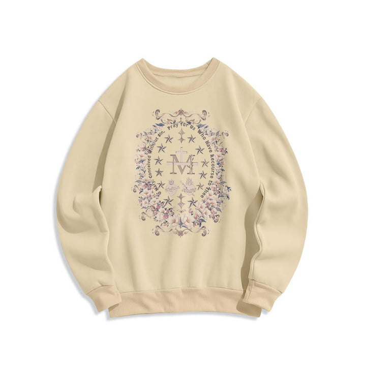 Modern Style Floral Cross Virgin Mary Fleece Lined Polyester Sweatshirt - Beige - 2XL - image 8