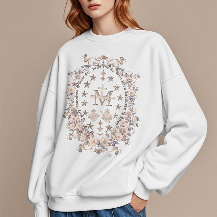 Modern Style Floral Cross Virgin Mary Fleece Lined Polyester Sweatshirt